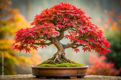 Japanese Maple Bonsai: Autumn Red Leaves - Detailed Close-up Stock Photo
