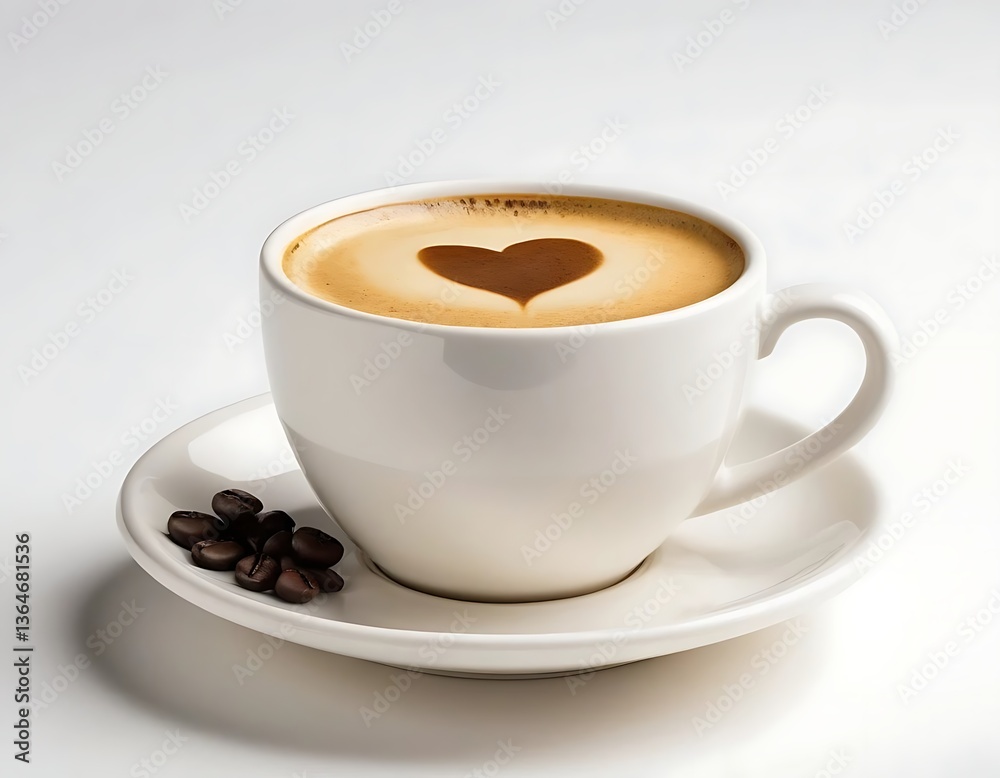 Fototapeta premium Coffee Cup with Heart Latte Art and Coffee Beans on Saucer
