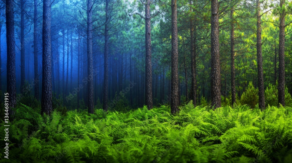Fototapeta premium Enchanting Misty Forest Lush Ferns Tall Pines Nature Scene