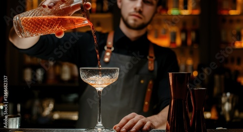 Young male bartender pouring cocktail in elegant bar setting