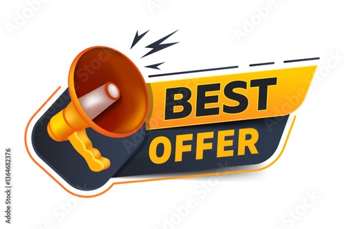 Best Offer icon on white background. Special promo sign. Logo design with megaphone and text. Sale promotion symbol. The loudspeaker screams best offer. Vector illustration.