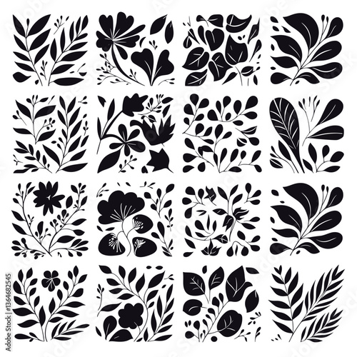 Botanical Patterns in Black: A visually striking collection of elegant botanical patterns in a minimalist black and white color palette.Showcasing the beauty of leaves and floral.