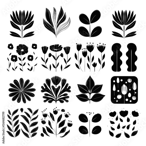 Monochrome Flora: A collection of elegant black and white floral arrangements, featuring a variety of stylized flowers and foliage. Perfect for adding a touch of artistic flair to any project.