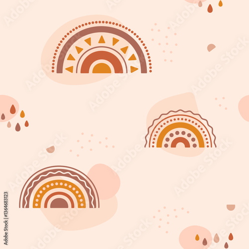 Nursery boho seamless pattern with rainbows drops simple forms.