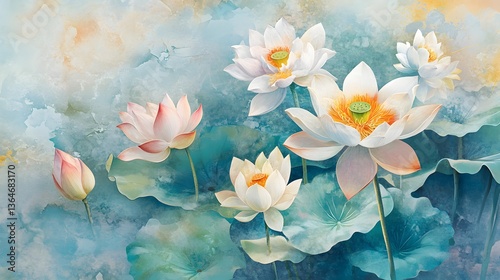 Elegant water lilies floating on tranquil water, soft pastel colors creating a serene atmosphere, perfect for relaxation themes.