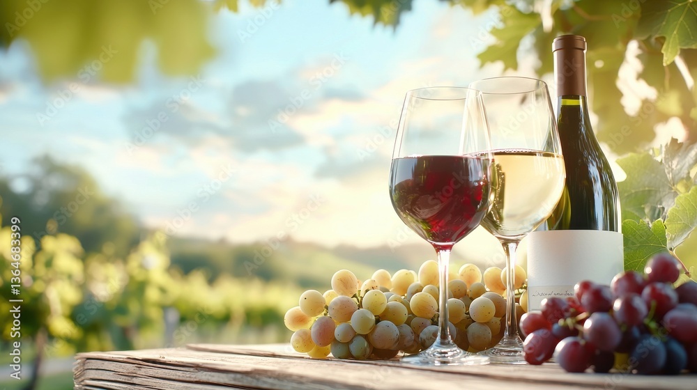 Fototapeta premium Glasses of red and white wine with fresh grapes on a scenic vineyard landscape in the countryside Concept of wine tasting viticulture wine production and enjoying the beauty of nature