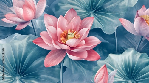 Vibrant pink water lilies floating gracefully on tranquil blue water, perfect for nature themes and serene backgrounds.