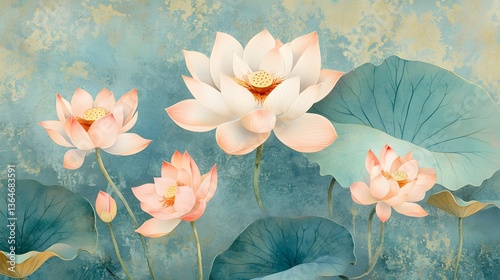 Soft pink water lilies blooming on serene aqua water, tranquil nature scene, perfect for calming decor or wellness themes.