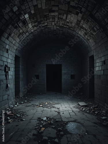 A dark, eerie empty room with walls and ceiling resembling a coal mine, creating a sense of isolation and mystery, symbolizing abandonment, desolation, and hidden histories.