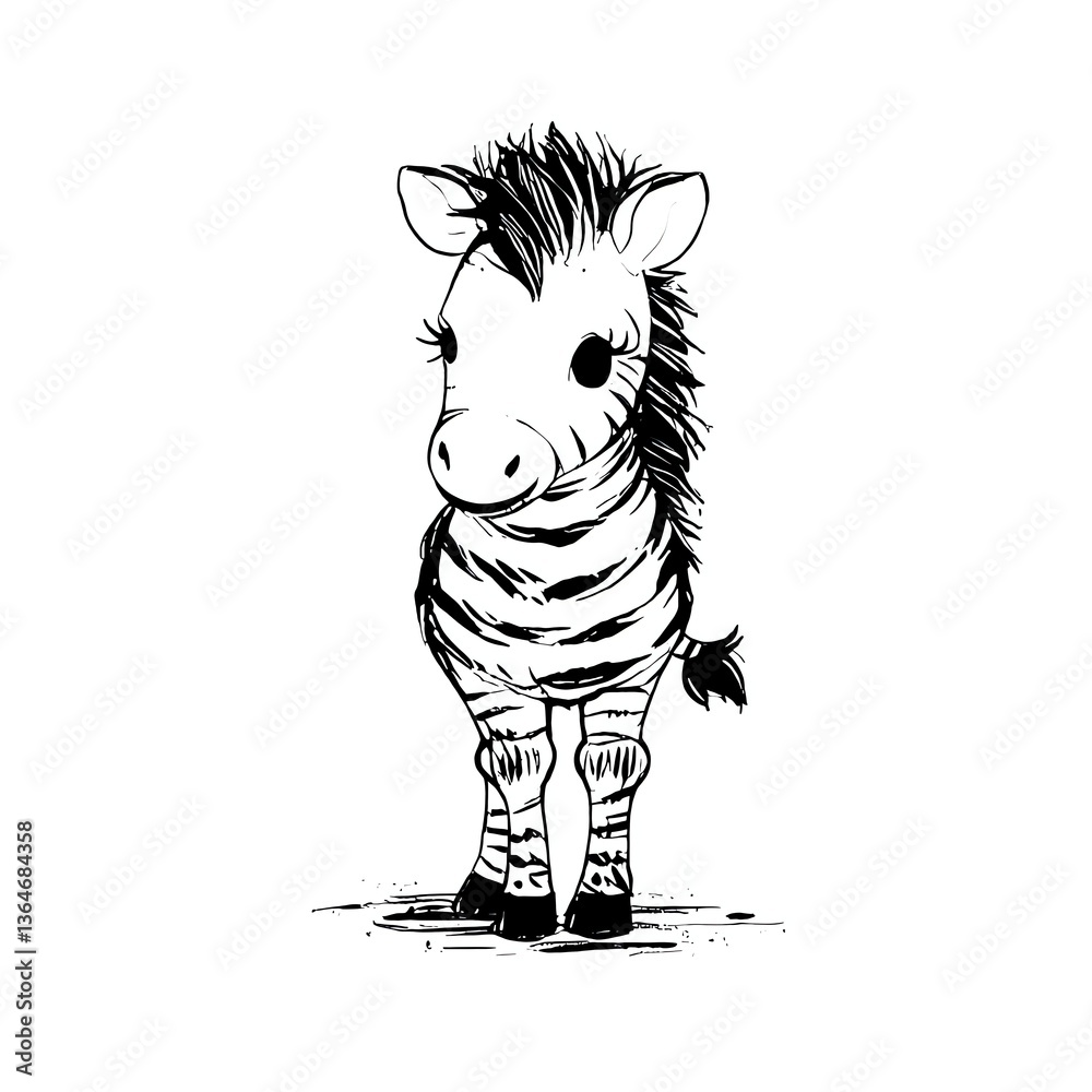 Fototapeta premium Adorable Baby Zebra Illustration: A Cute Black and White Drawing of a Young Zebra