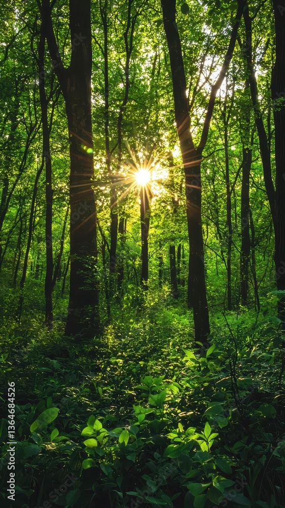 Fototapeta premium Lush Greenery with Vibrant Sunlight in Tranquil Forest Setting