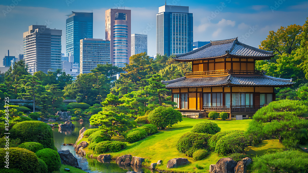 Fototapeta premium traditional japanese house and modern urban skyline