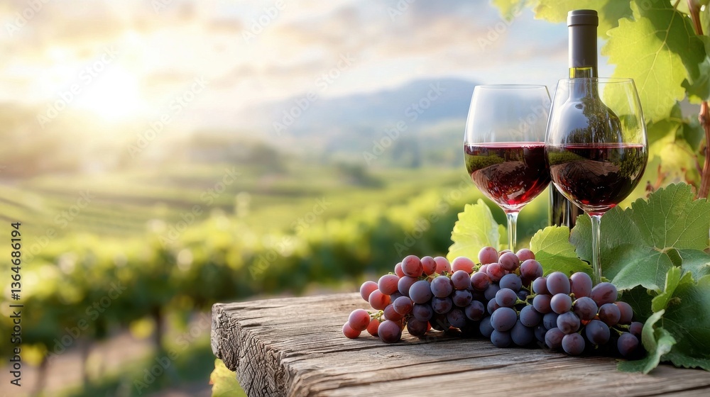 Obraz premium Scenic view of a picturesque vineyard at sunset with two glasses of red and white wine on a rustic wooden table surrounded by green vines and grapes Concept of viticulture winemaking