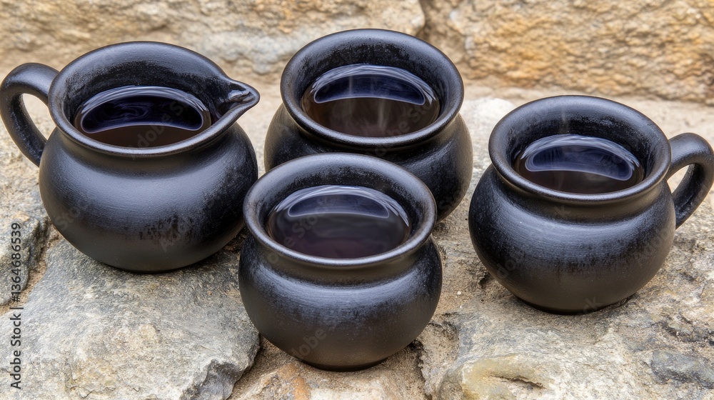 Black Pottery Cups Filled with Dark Liquid on Stone Black Pottery Cups Filled with Dark Liquid on Stone