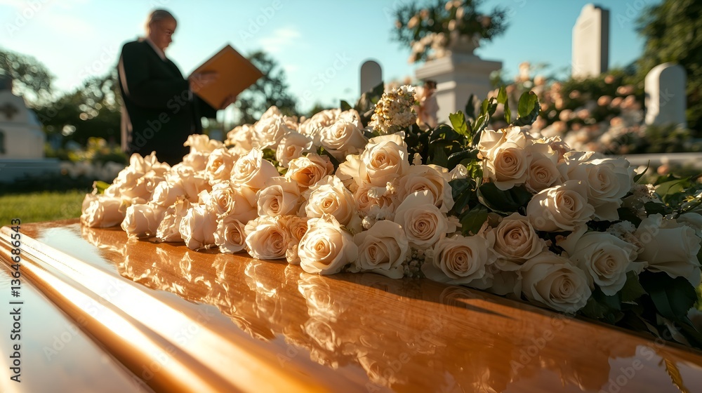 Fototapeta premium Funeral ceremony. Flowers lie on the lid of the coffin