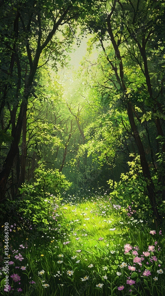 Fototapeta premium Lush Greenery in a Secret Forest Glen with Dappled Light