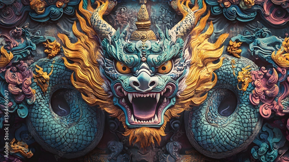 Obraz premium Intricate dragon artwork, vibrant colors and detailed design, showcasing mythical themes, perfect for fantasy enthusiasts.