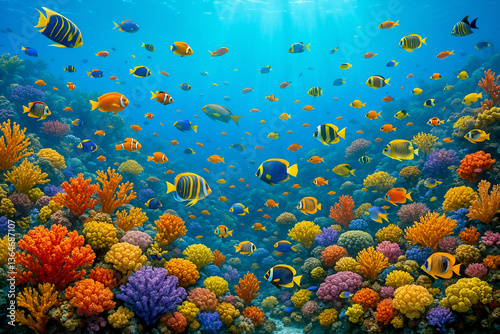 under water scene of a coral reef with light rays, ai generated