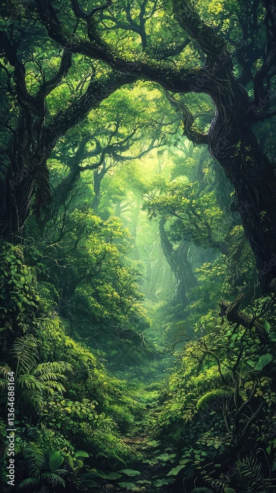 Fototapeta premium Lush Greenery in Ancient Forest Setting with Verdant Atmosphere