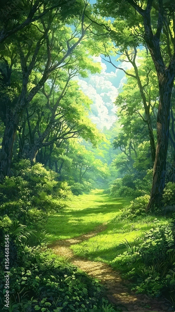 Fototapeta premium Lush Greenery in Sunlit Expansive Forest with Scenic Pathway