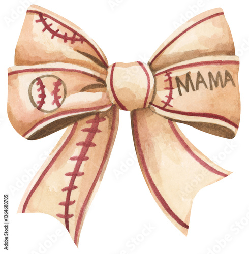 Canvas Print Watercolor coquette illustration of motherhood and sports featuring baseball and soft bow style