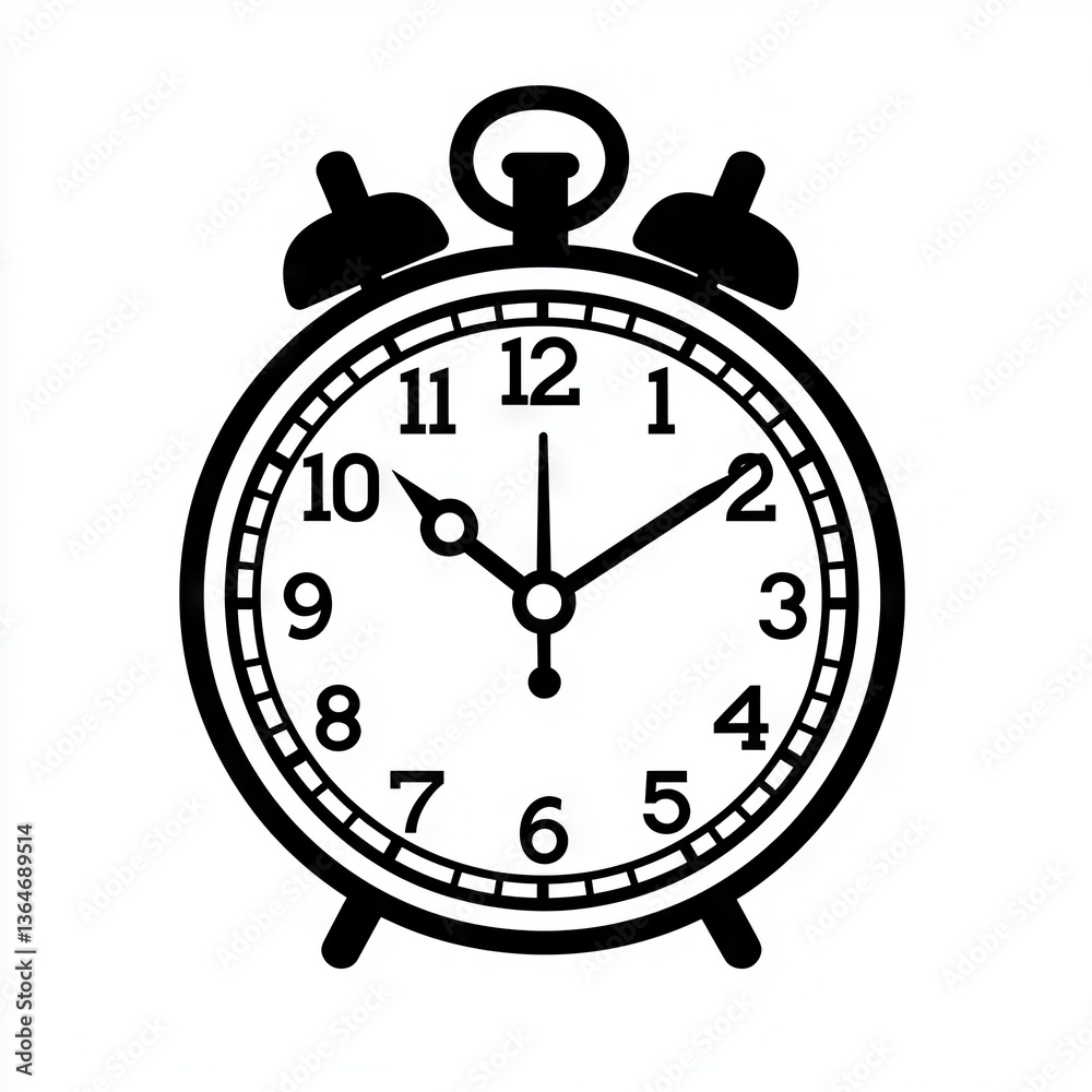Classic alarm clock illustration; black and white design, simple, clear time display Classic alarm clock illustration; black and white design, simple, clear time display
