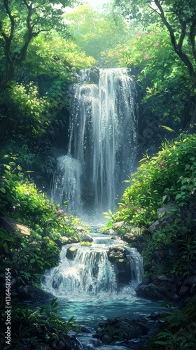 Lush Greenery Landscape with Cascading Waterfall in Serene Nature