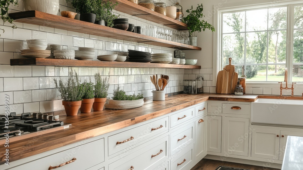 Fototapeta premium A kitchen showcasing stylish open shelving and modern cabinet pulls in copper, seamlessly combining charm and utility.