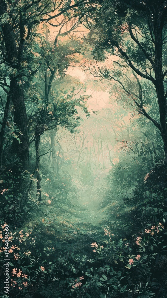 Fototapeta premium Dreamy Pastel Hued Forest Landscape with Lush Greenery and Mist