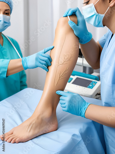 Process of varicose vein surgery in hospital, vein sealing, venous vascular surgery, phlebectomy surgery, surgical field marking, superficial veins problems, swollen skin, step by step