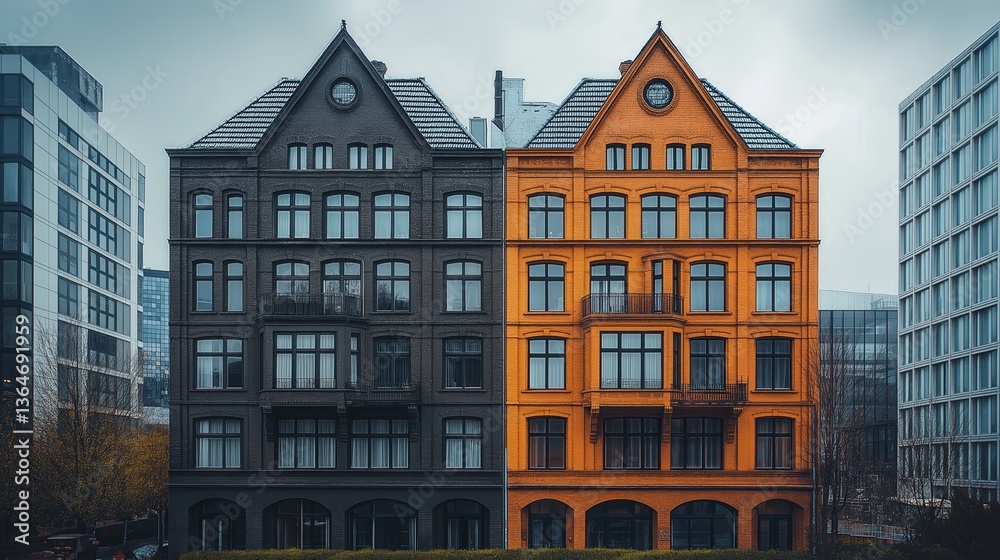 Fototapeta premium Colorful contrasting buildings, vintage architecture meets modern design, urban landscape highlighting cultural diversity, copy-space available.