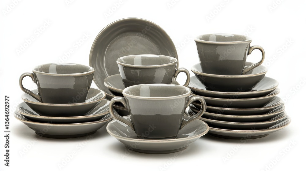 Elegant Gray Dinnerware Set with Cups and Saucer Stacked Neatly Elegant Gray Dinnerware Set with Cups and Saucer Stacked Neatly