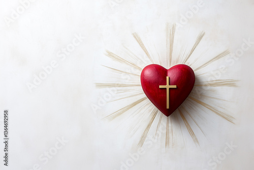 Sacred heart of jesus with golden cross emitting light rays