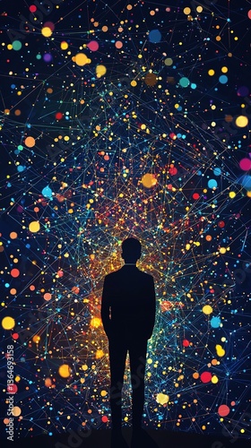 Silhouette of a person observing a digital network of connections