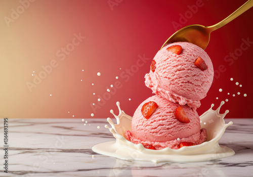tudio Shoot of Strawberry Ice Cream Scoops with Fresh Strawberries and Milk Splash – High-Speed Food Photography