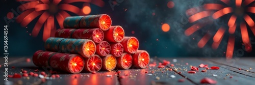 Colorful firecrackers arranged in a pyramid on a table, fireworks display, fireworks