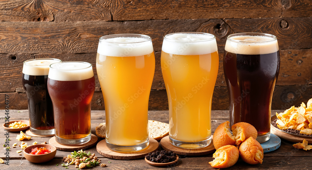 Variety of craft beers with snacks on rustic wooden table
Variety of craft beers with snacks on rustic wooden table