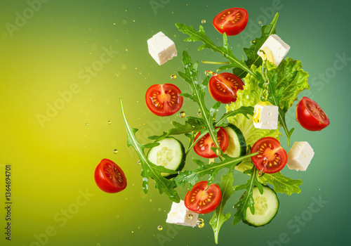 Studio Food Photography: Vibrant Flying Salad with Feta, Fresh Greens, and Colorful Vegetables