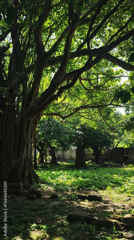 Fototapeta premium Lush Greenery with Ancient Trees Casting Deep Shadows in Nature