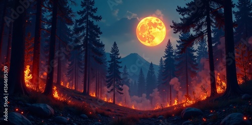 Dense forest ablaze with flames under a bright full moon , fire, dark