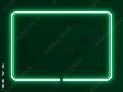 Dark wood wall background, green neon light and rectangle frame.