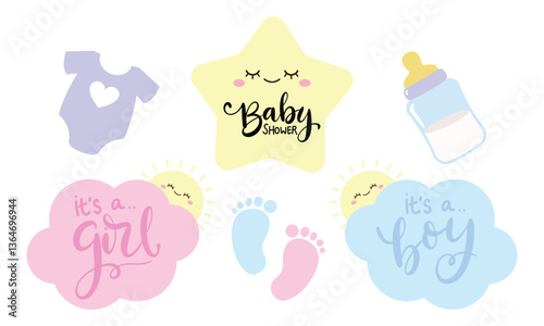 Cute baby shower element girl and boy lettering