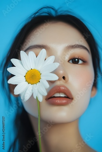 Skincare editorial shoot of an Asian model with a daisy flower in front of her face, on a blue background, Generative AI