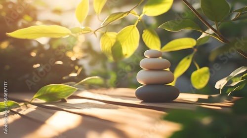 Balanced Stack of Zen Stones on Wooden Surface.