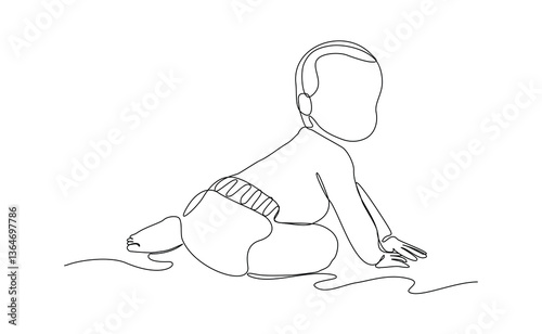 Continuous single line of cute new born baby crawling and playing. Kid childhood sketch drawing editable stroke vector illustration