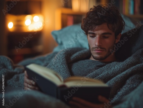 Cozy Night Indoors: Enjoy a Relaxing Evening with Focused Reading in a Calm, Thoughtful Environment