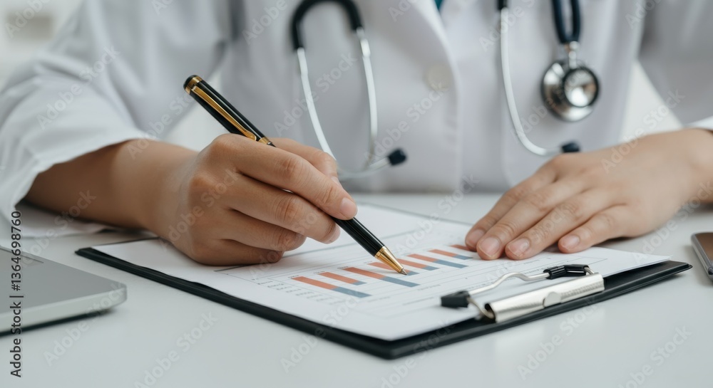 Female doctor analyzing medical chart with stethoscope and graphs Female doctor analyzing medical chart with stethoscope and graphs