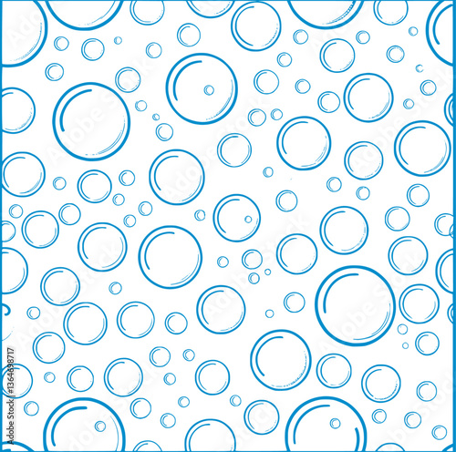 Seamless blue bubble texture featuring clean, fizzy spheres and underwater elements. Ideal for bathroom, shower, soap, or soda themes. Fresh, airy pattern with thin linear outlines. Vector 