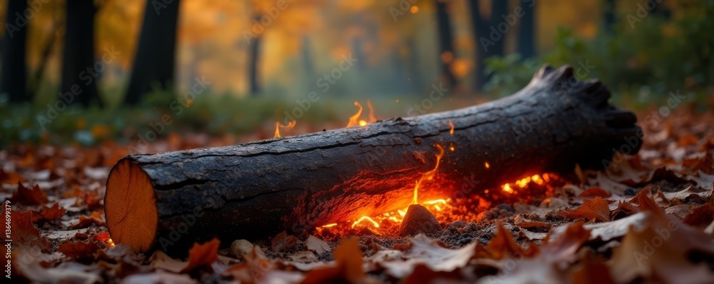Obraz premium Softly glowing embers dance on a fallen log, surrounded by vibrant autumn foliage, campfire, outdoors