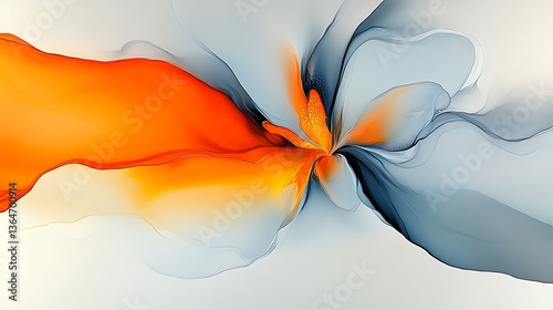 Abstract orange, gray, and white fluid art.
